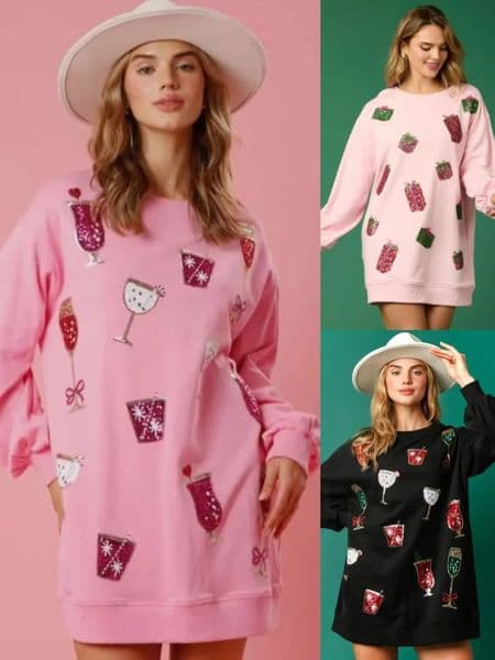 KNOW DREAM 2024 autumn hoodie womens Christmas beverage sequined long sleeved dress for women 241204