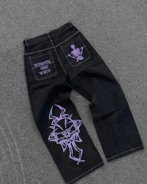 Street Dance Wide Legs Baggy Jeans Men Fashion Embroidery Black Loose Board Denim Pants Male Rap Hip Hop Plus Size 241204