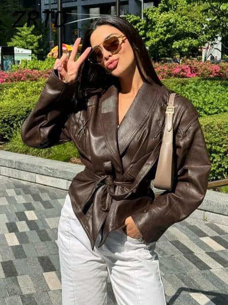 Fashion Womens Short Pu Leather Jackets Patchwork Lapel Long Sleeve Belt Lace Up Female Coats 2024 Autumn Lady Street Outwear 241204