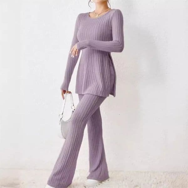 Autumn Winter Womens Clothing Style Solid Color Sexy Casual Long Sleeved Round Neck Slit Fashion Temperament Twopiece Set 241202Z