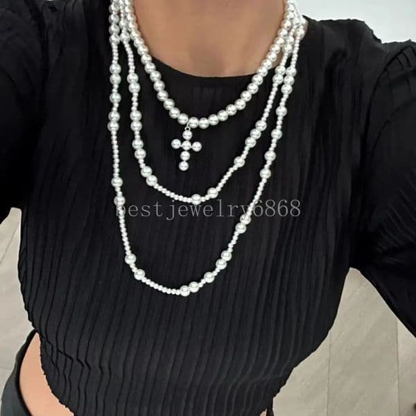 Multilayer Vintage Imitation Pearl Chain Necklace for Women Silver Color Cross Jesus Pendant Choker Neck Accessories