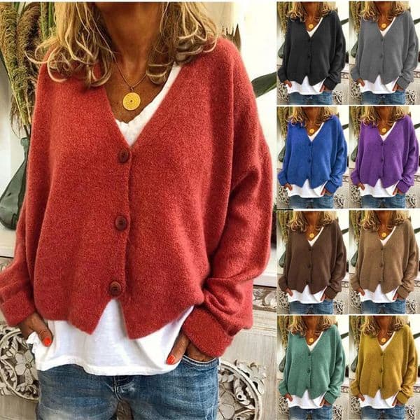 Womens V Neckline Button Down Knitwear Lantern Sleeve Basic Knit Cardigan Sweater Tops 241204