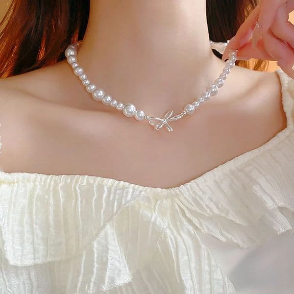 Fashionable pearl bow necklace French retro style birthday jewelry for wife 241205