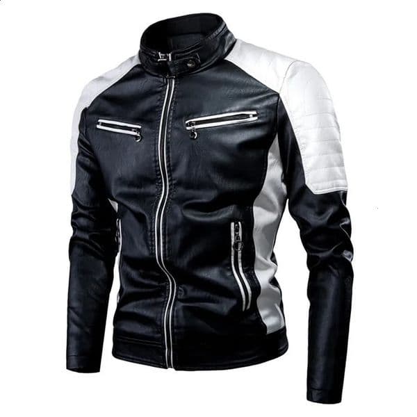 Autumn and winter men fashion stand collar soft pu patchwork motorcycle style faux leather casual jacket 241202