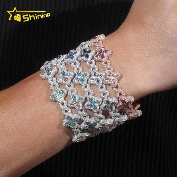 New Design Iced Out Colors Moissanite Cuban Link Chain Sterling Silver 925 Moissanite 15mm Bracelets Hip Hop Mens Jewelry
