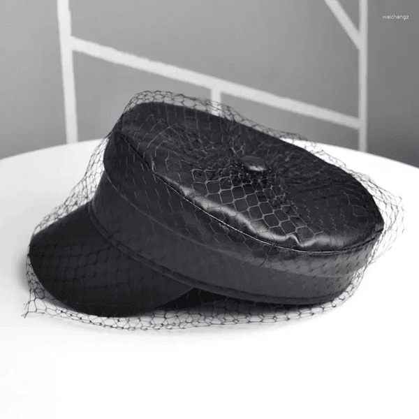 Berets Berets Spring And Summer Black PU Lace Veil Sboy Caps Fmale Flat Top Mesh Letter Multiple Styles Fashion Hats