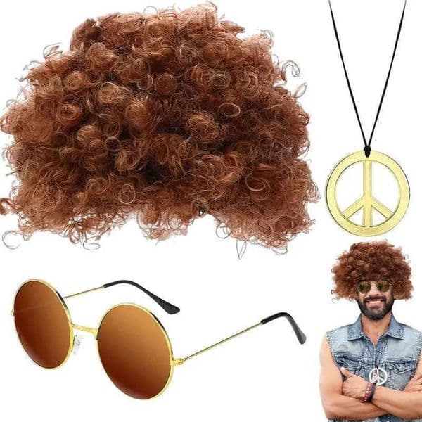 Disco Wig Set Hippie Hair Accessories for Men Includes Afro Wig Sunglasses Disco Necklace 50s/60s/70s Themed Party SuppliesXJ241207
