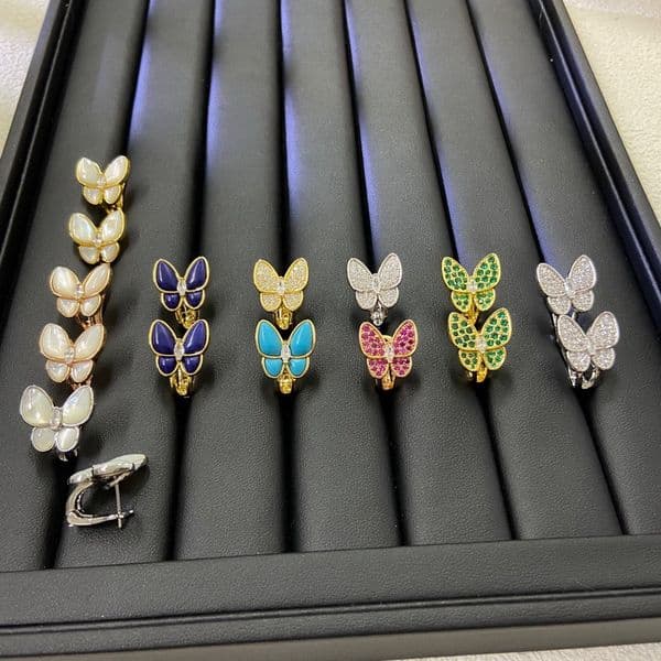 Style Earrings Lady Women Brass Inlay Colored Diamond Lapis Lazuli Two Butterfly Plated Gold Ear Clip Jewelry S260616