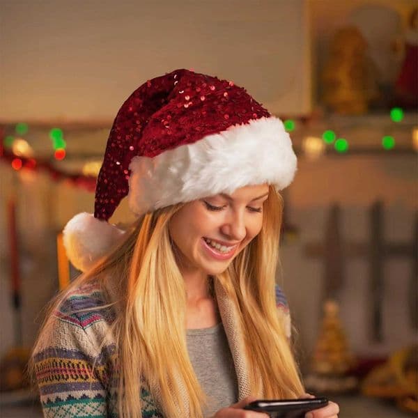 New Christmas Decoration Atmosphere Hats Red Double-layer Sequin Sea Plush HatSanta Claus Cosplay OutfitClassic Xmas CapsXJ241207