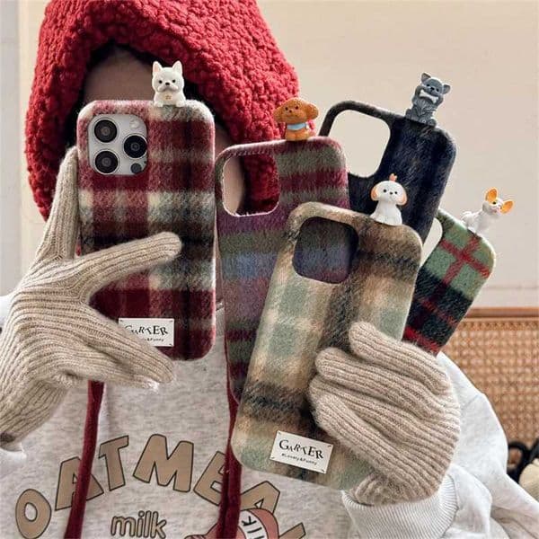 Kawaii 3D dog plain weave phone case suitable for iPhone 16 Pro 13 15 Pro Max cover Korean cute plush phone case female Funda suitable for 15 M241209