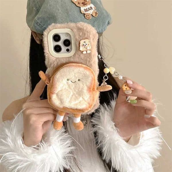 New Arrival Cute Bread Replacement Wallet Phone Case Suitable for iPhone 16 Pro 15 13 14 Pro Max 12 Shockproof Cover Protective Cover Plush Cartoon Phone Case Z241209