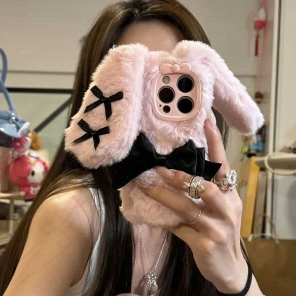 New Arrival Pink plush rabbit ear iPhone 16 phone shell bow 15 Internet celebrity iPhone 14/13 all inclusive 12/11 fall/winter XR/7P soft Z241209