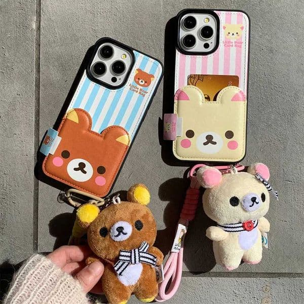 New Arrival Cartoon cute card money bag luxury phone case suitable for iPhone 12 13 14 15 16 Pro maximum shock-absorbing bumper cover with rope plush bear Z241209
