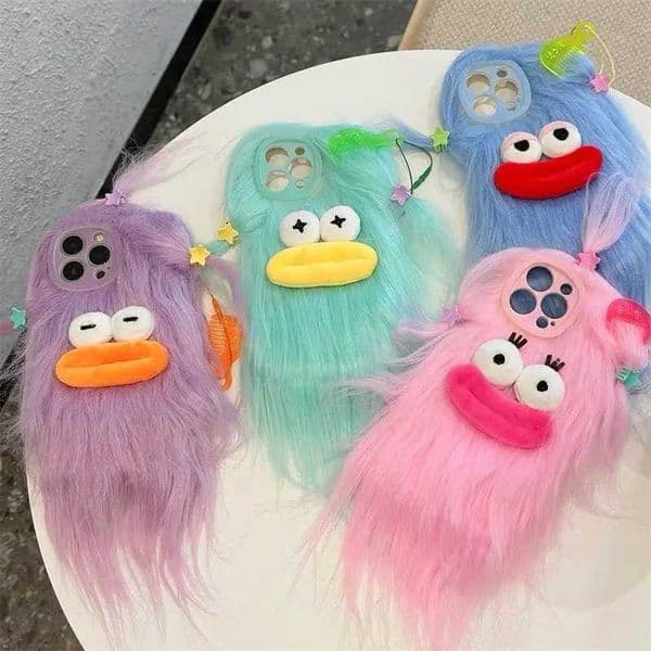 Plush and fun eyes and mouth suitable for iPhone 16 15 14 11 12 ProMax Plus shockproof back cover protector long hair phone case M241209