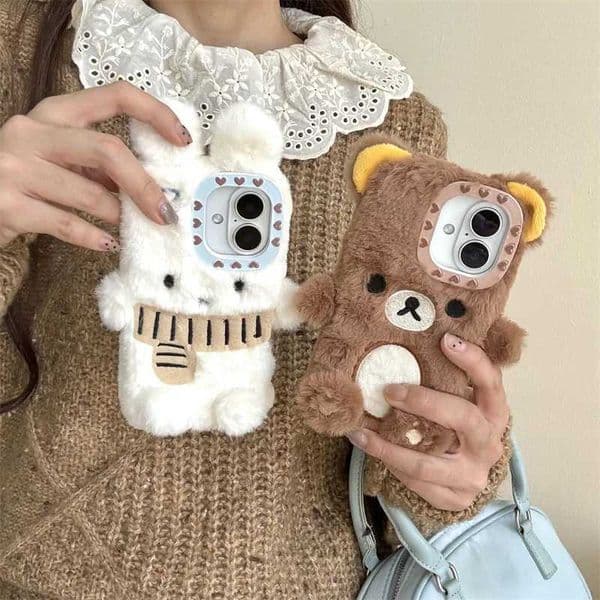Personalized plus cut scarf bunny teddy bear phone case for iPhone 12 13 14 15 16 Pro Max M241209