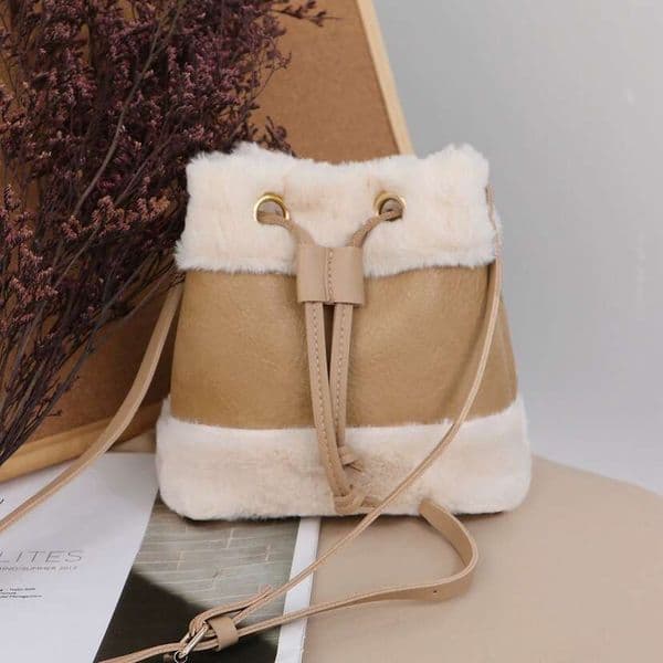 Plush Versatile New Small Women's Autumn/Winter Woolen Single Shoulder Diagonal Cross Drawstring Handheld Bucket Bag Fashionable Quality Classic B3