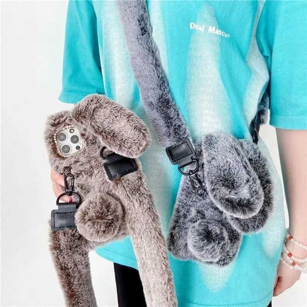 New Arrival Cute 3D Plush Rabbit Ten Font Bee Strap Case Suitable for iPhone 16 15 14 12 11 Pro XS Max XR X Plus Warm Winter Cover Z241209
