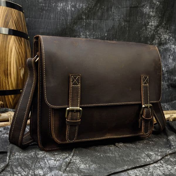 Vintage Genuine Men Shoulder Bags Real Crazy Horse Leather Big Laptop Briefcase A4 Messenger Brown Casual Work Bag