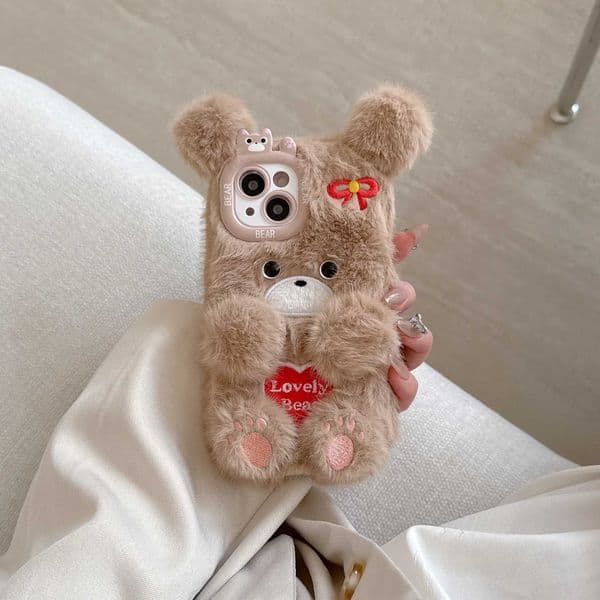 New Arrival Cartoon Cute Flower Bear Plush Phone Case for Couples in Autumn and Winter Warm Phone Accessories iPhone 16 15 Pro Max Z241209