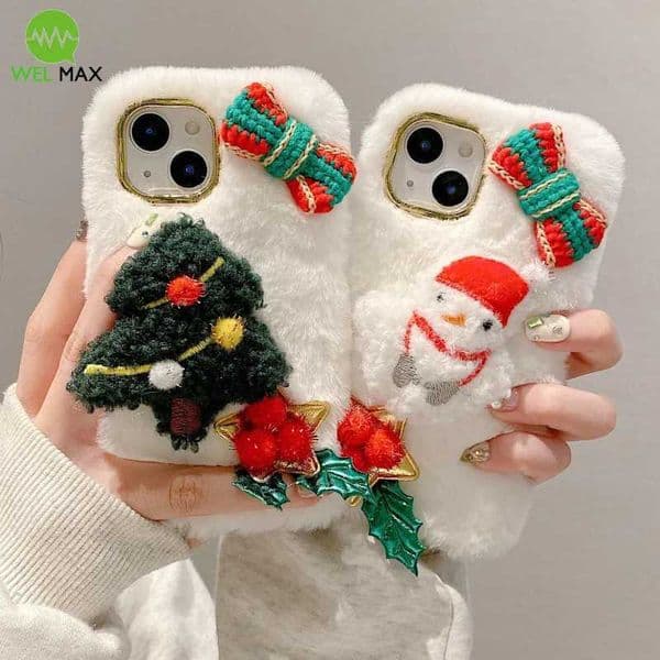 Christmas tree cute snowman plug phone case suitable for iPhone 16 15 14 Plus 13 12 11 Pro Max XS shockproof and anti fall protection cover M241209
