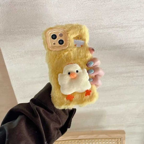 3D cartoon cute yellow plush chicken hidden phone case iPhone 16 Promax 15 14 13 11 protective case winter gift M241209