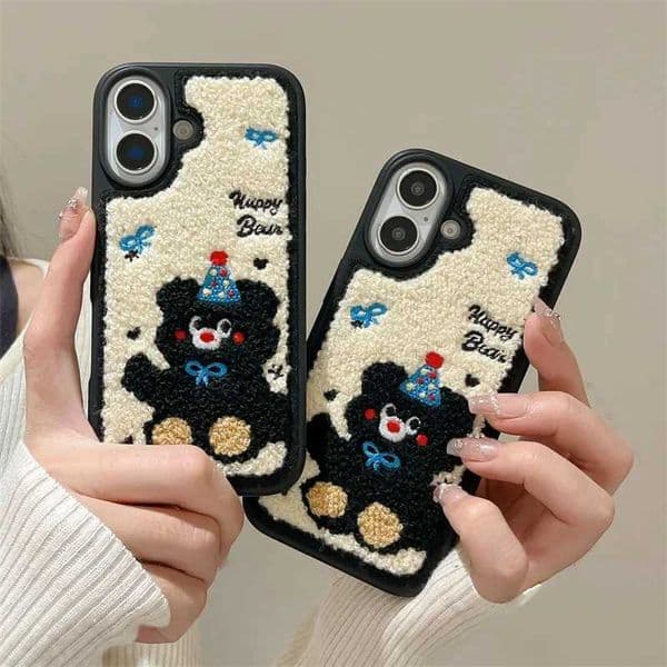 New Arrival Korean Cute Bear Embroidered Plush Phone Case for iPhone 14 Pro 16 13 15 Pro Max Cover Silicone Shockproof Phone Case Z241209