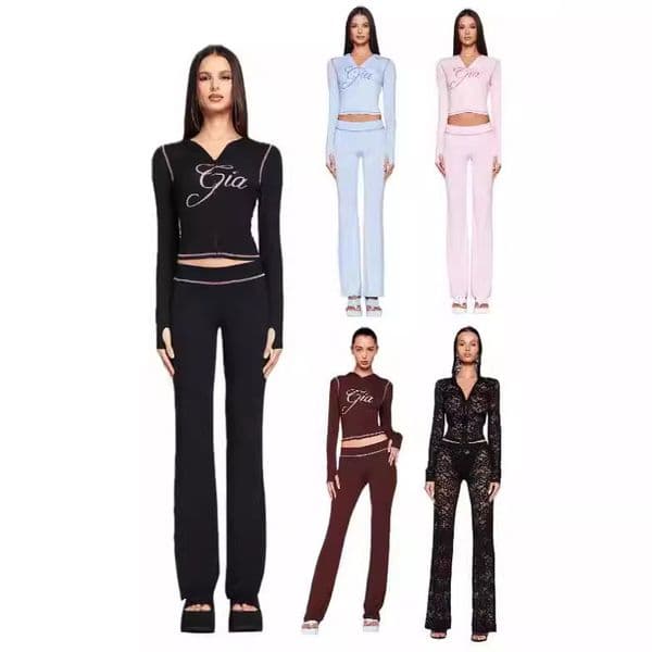 Designer iam gia Womens Tracksuits Thicken Two 2 Piece Set Outfits For Women Flared Pants Zip-up Cap Long Sleeve High Spring Top Low Waist Micro Social 2025