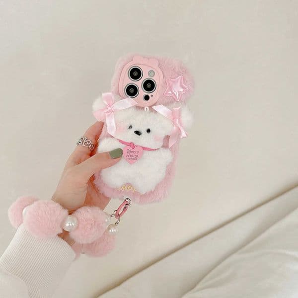 New Arrival 3D cartoon cute white plush dog phone case suitable for iPhone 16 Promax 15 14 13 12 protective case winter gift pink strap Z241209
