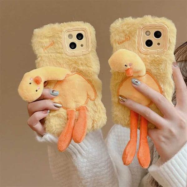 Kawaii 3D Plush Duck Flip Stand Phone Case Suitable for iPhone 15 16 14 Plus 11 12 13 Pro Max Cover Cartoon Silicone Shockproof Cute Phone Case M241209