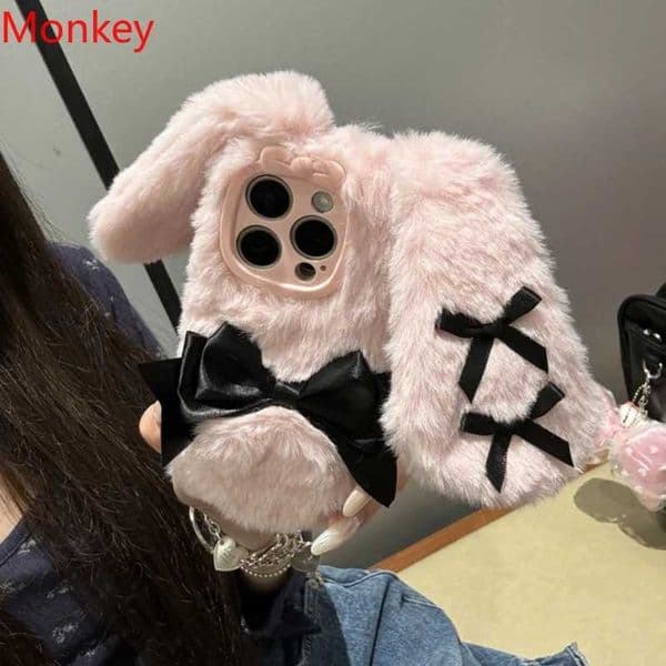 Cute butterfly fluffy rabbit ear doll animal phone case suitable for iPhone 16 15 Plus 14 13 11 Pro Max Tpu soft and warm plush fur cover M241209