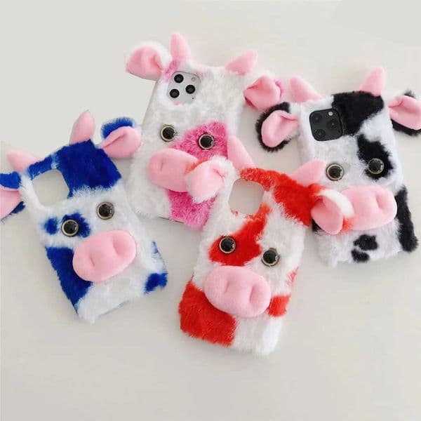 3D cartoon cute cow fur phone case cover suitable for iPhone 16 12 13 14 15 Pro Max Galaxy S22 S23 FE S24 Plus Note 20 Ultra M241209