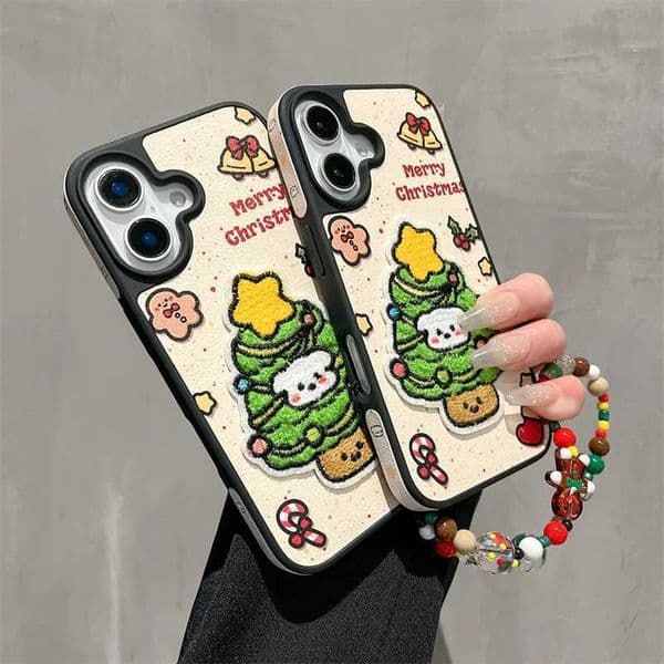 New Arrival Paste cartoon Christmas tree phone case with chain suitable for iPhone 13 14 15 16 Pro Max Z241209