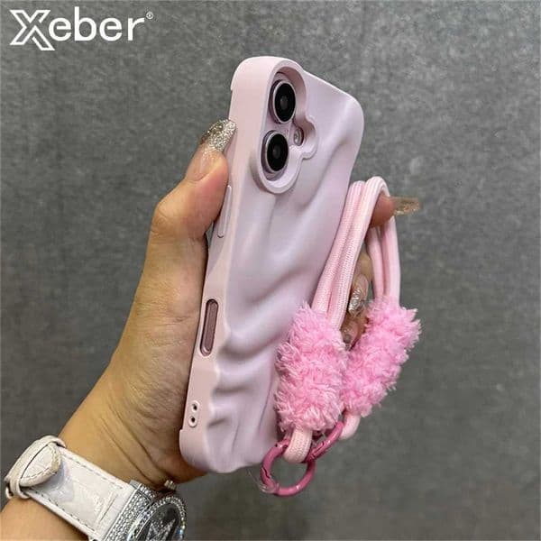 Hot Sale Pleated Water Ripple Soft Silicone Phone Case Suitable for iPhone 16 11 14 13 15 Pro Max Half Plush Bracelet Tether Matte Cover T241209