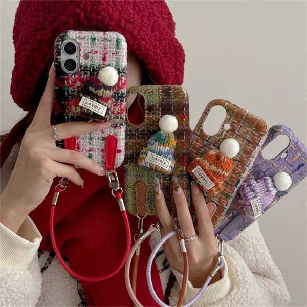 Hot Sale Retro colored checkered fabric phone case suitable for iPhone plush cap H0airbag shock resistant 16 15 14 13 Pro Max 15 Pro T241209