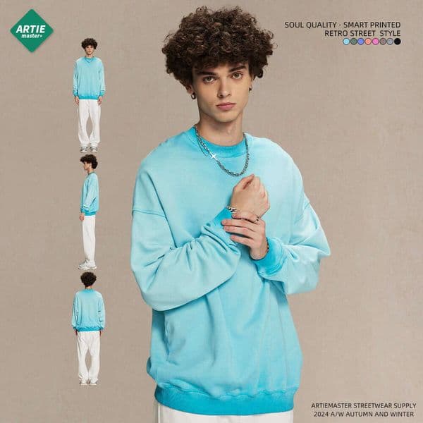 2024 New Product Heavy Weight 430g Reverse Bottom Stir Frying Color Doing Old Wash Water Wool Circle Neck Hoodie Trendy Men