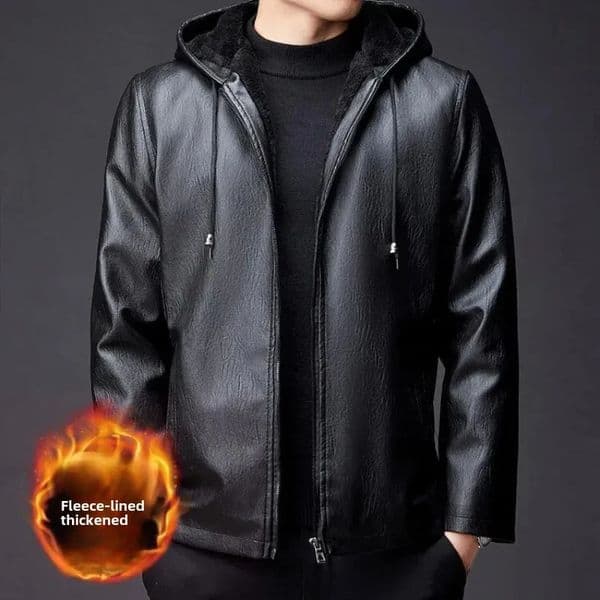 Winter highend mens hooded leather jacket waterproof and windproof plush insulated clothing 241209
