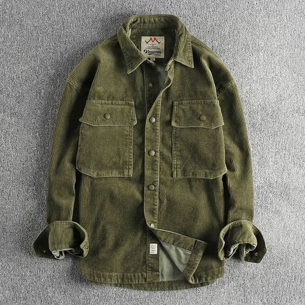 Autumn and winter thick washed Corduroy long sleeved shirt mens retro trend cargo large pocket solid color casual jacket 241209