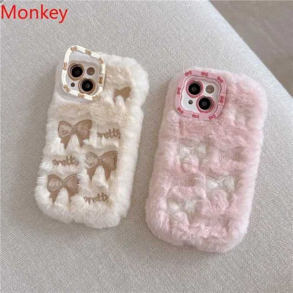Hot Sale Plush Embroidered Pink Bow Camera Lens Phone Stand for iPhone 16 Plus 15 14 Pro Max 13 12 11 Fluffy Hair Soft Back Cover T241209