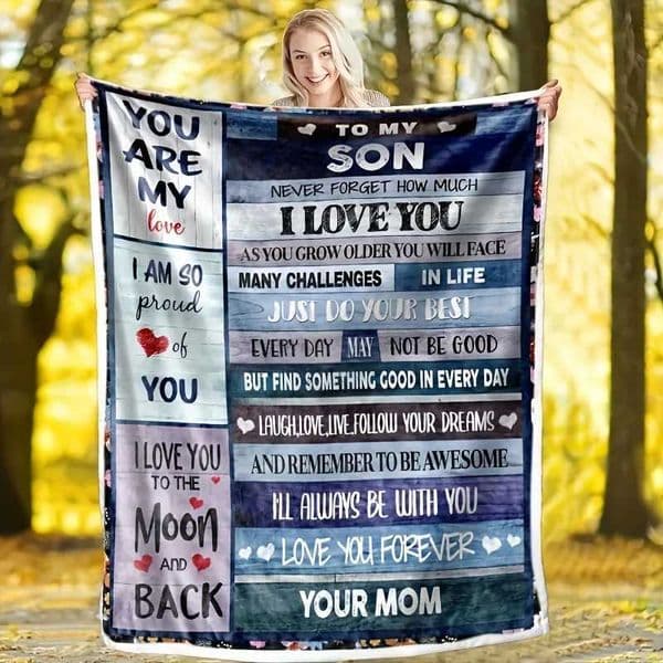 1pc Letter Flannel Blanket To My Son From Mom Throw Blanket Warm Cozy Soft Blanket For Couch Bed Sofa Office CampingXJ241210