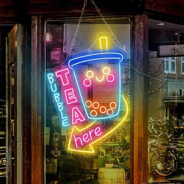 Bubble tea has neon signs here but the first Boba tea has neon signs. Boba shops are open for decoration walls art and coffee shops welcome neon lights X241210