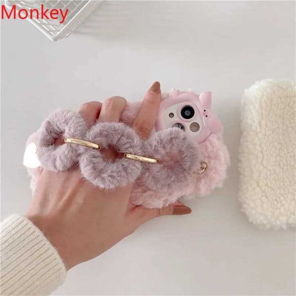Hot Sale Cute Korean fur wristband silicone case suitable for iPhone 16 Pro Max 15 Plus 14 13 12 11 winter fur fluffy plush wristband cover T241209