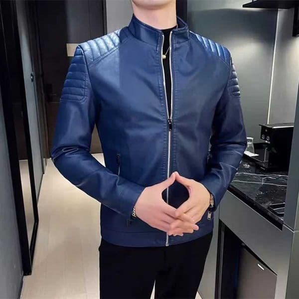 Motorcycle PU leather jacket mens blue jacket mens jacket stand collar casual windproof fashion mens clothing W241211