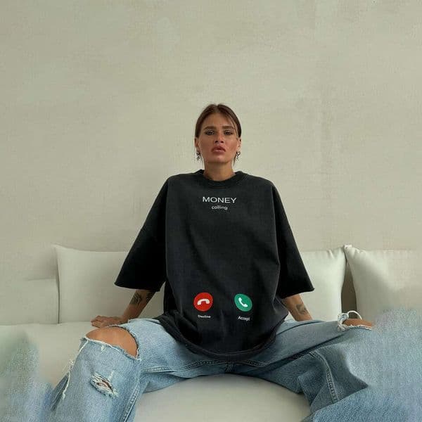 American Niche Style Caller ID Printed Loose T-Shirt For Women Ins Basic Round Neck Mid Length Short Sleeved Summer Fashion Quality Classic