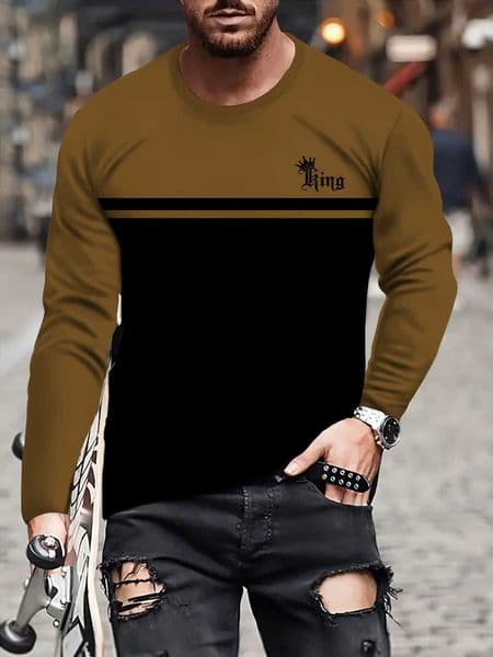 Vintage 3D Striped Printed Mens Long Sleeve T-Shirt Patchwork Tees Tops Plaid T-Shirt Men Mens Clothing Oversized StreetwearXJ241210