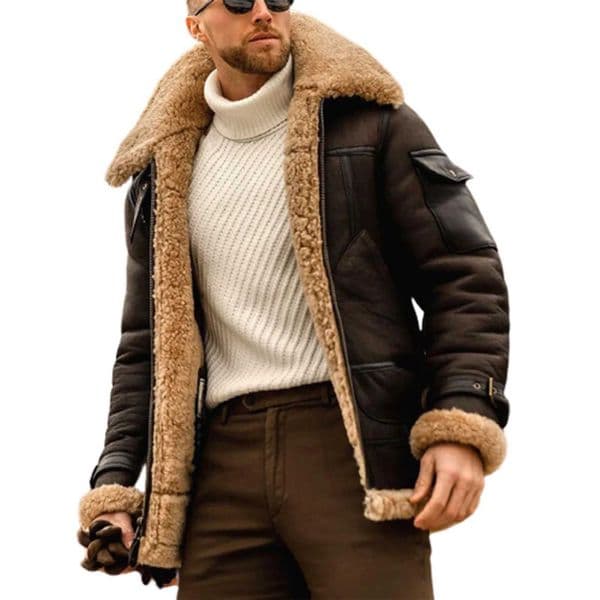Mens warm leather jacket soft touch fabric thick long jacket used for outdoor travel and shopping W241211