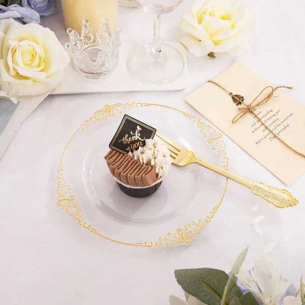 Gold Plastic Disposable Plates 100pcs - 7.5 inch Clear and Gold Dessert Plates Clear Plastic Plates with Gold RimXJ241209