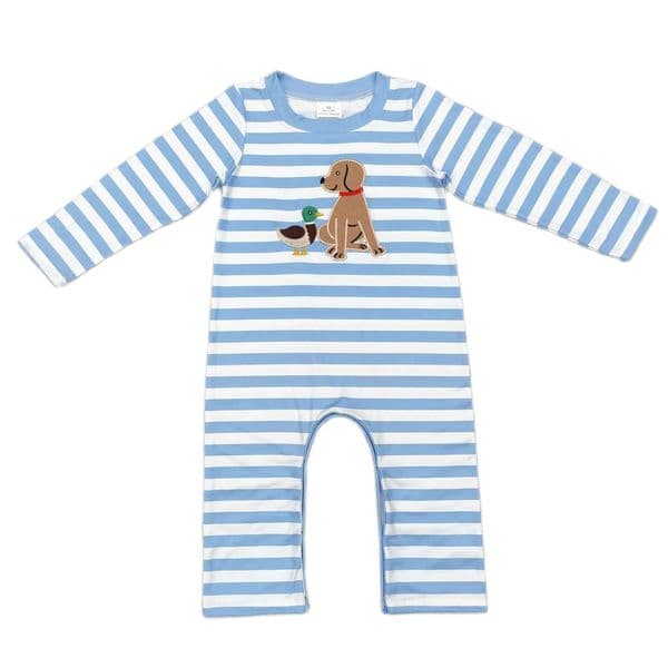 High Quality RTS boutique newborn workwear long sleeved jumpsuit for baby boys and toddlers embroidered dog duck striped jumpsuit for children onepiece st T241211