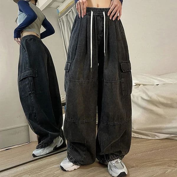 Y2k womens luggage jeans mens oversized bucket jeans denim pants womens hip-hop Trouser pockets streetwear wide leg cargo pants 241211