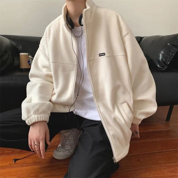 American Vintage Polar Fleece Zipper Jackets Mens Stand-up Collar Appliques Coat Autumn Y2K Streetwear Loose Jacket Man Clothes 241209