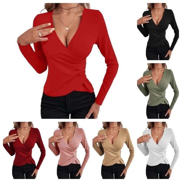 Cross Border European And American V-Neck Asymmetrical Three Button Sexy Elegant Style Solid Color Slim Fit Women's T-Shirt